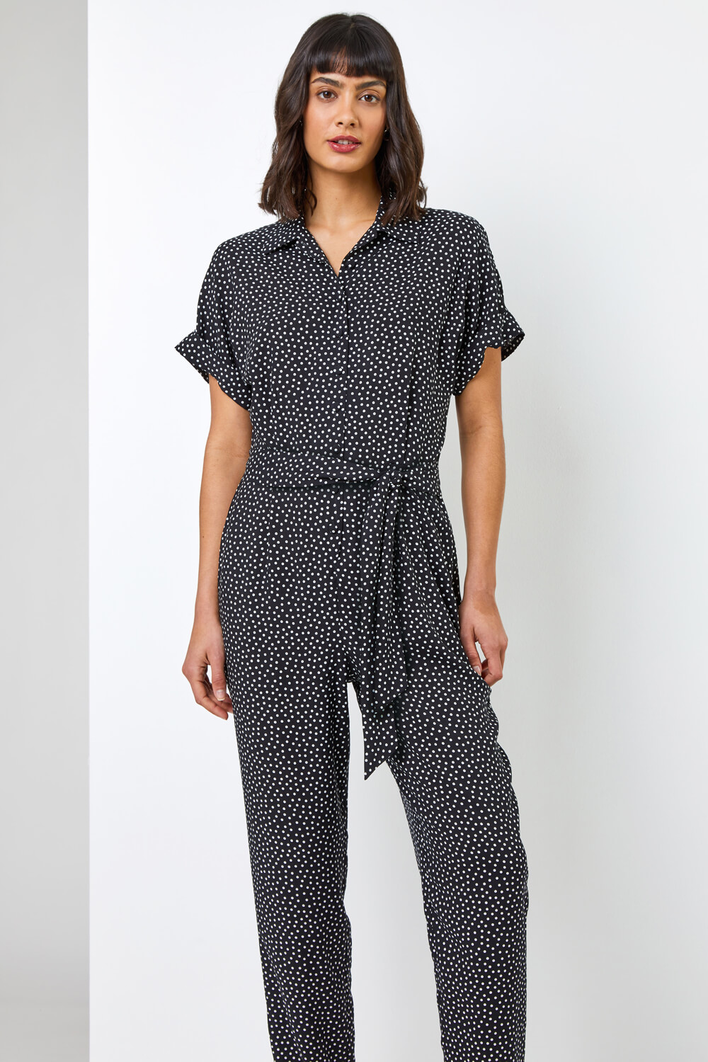 Black Spot Print Collared Jumpsuit, Image 2 of 5