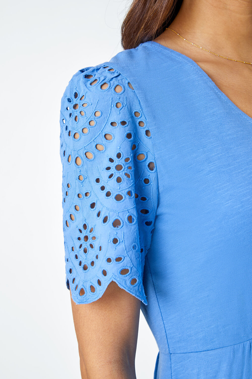 Light Blue  Cotton Broderie Sleeve Midi Dress, Image 5 of 5