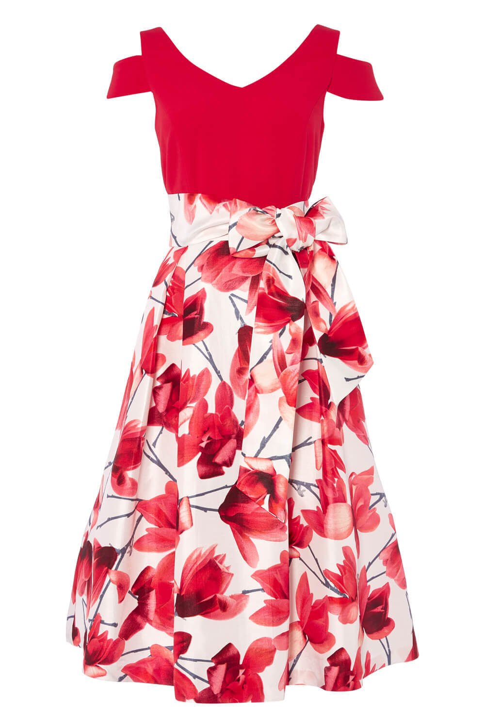 Red Floral Print Cold Shoulder Midi Dress, Image 5 of 5