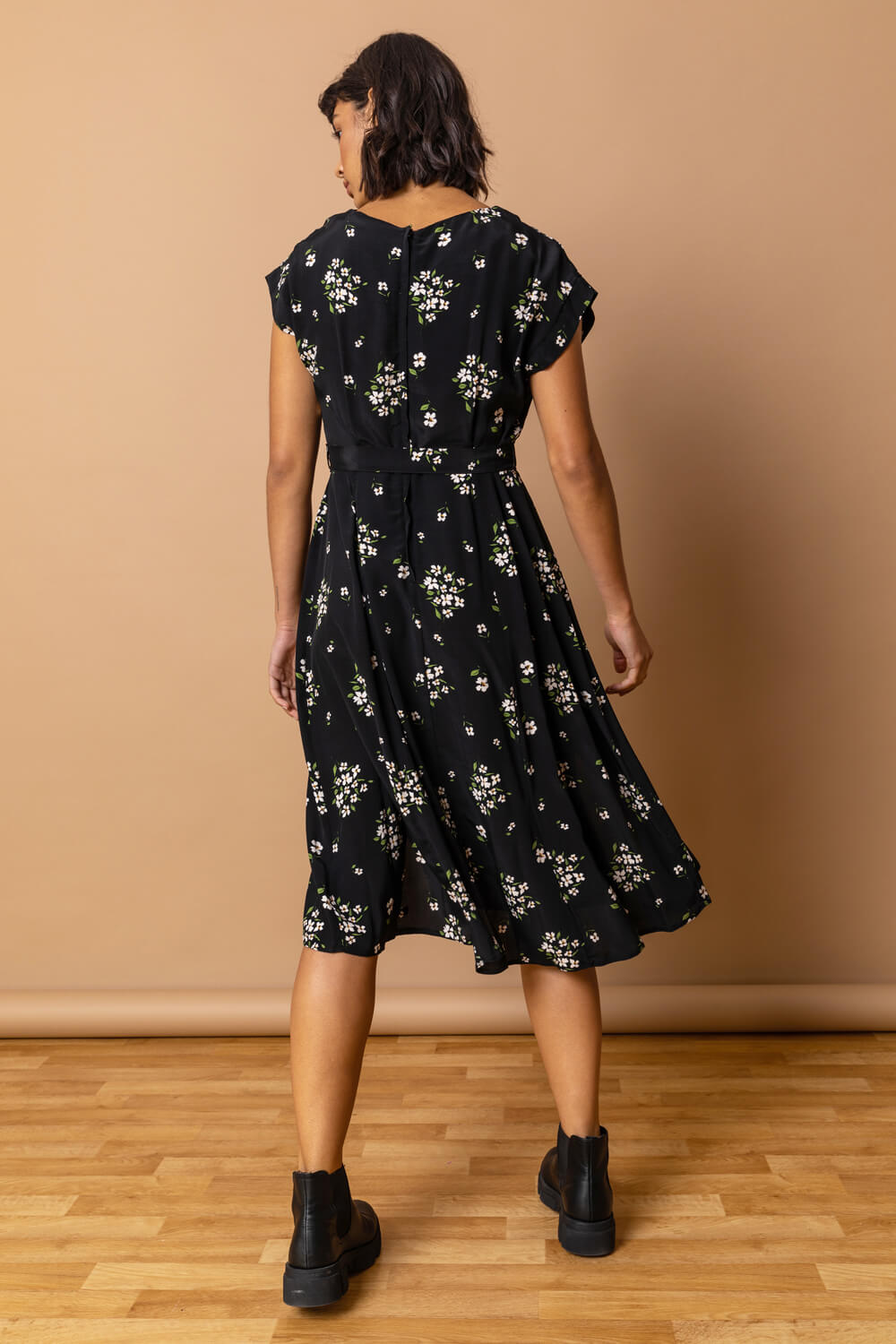 Black Floral Print Belted A-Line Dress, Image 2 of 3