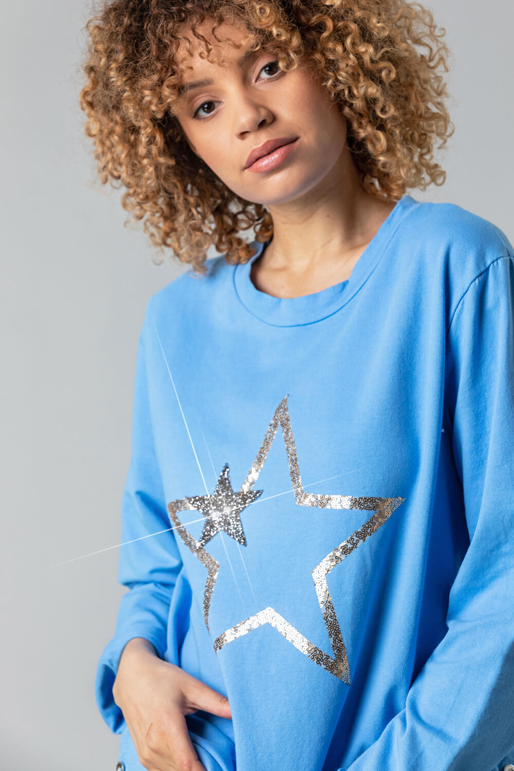 Denim Blue Star Print Button Side Lounge Top, Image 4 of 5