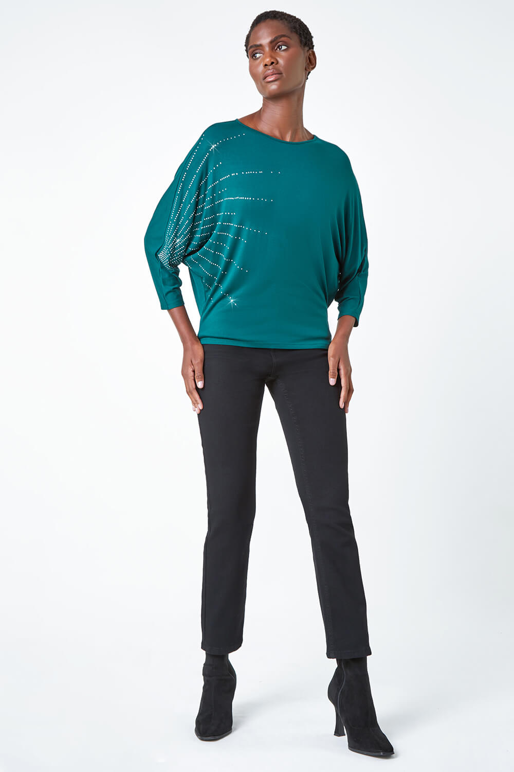 Dark Green Diamante Embellished Relaxed Stretch Top , Image 2 of 5