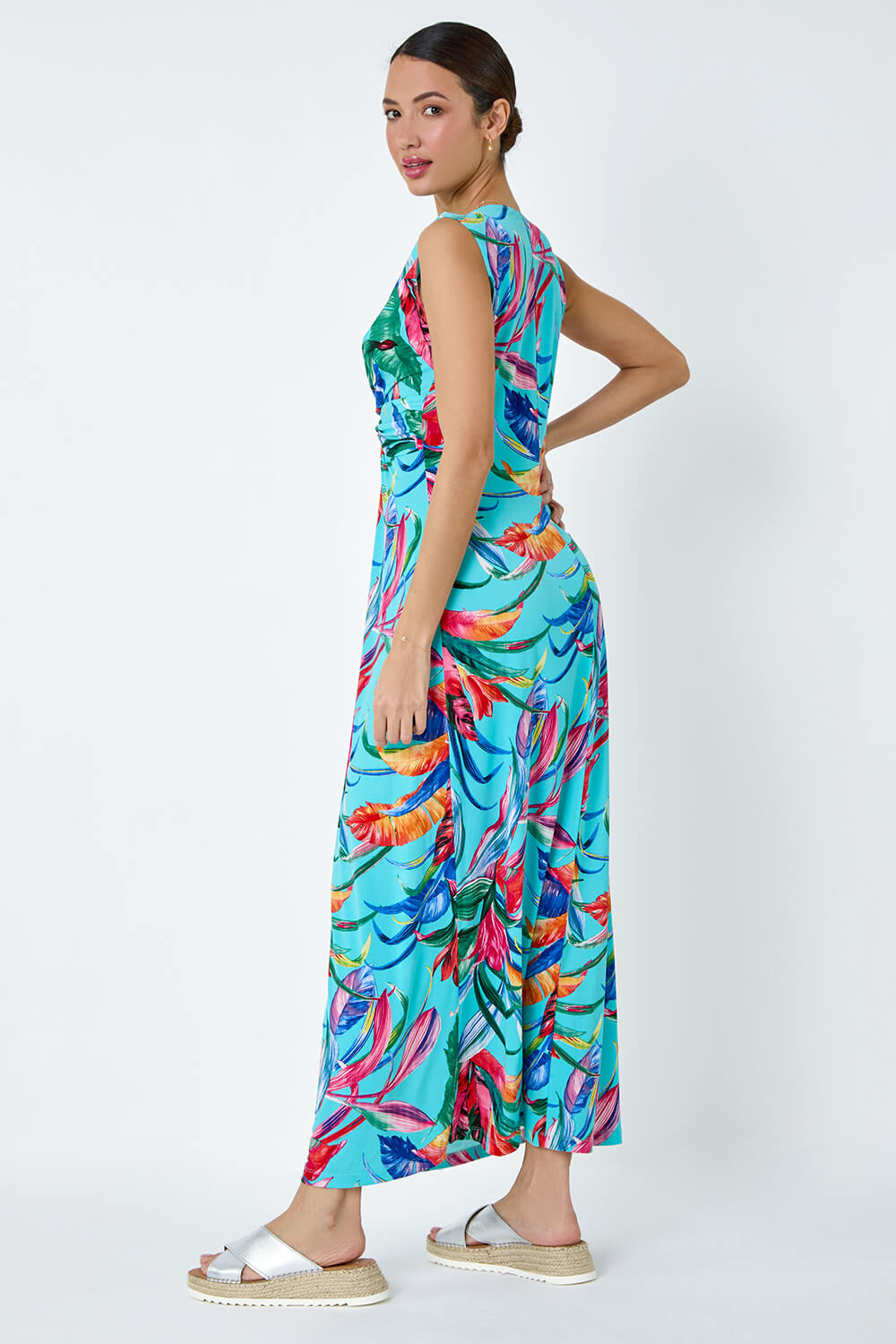 Turquoise Tropical Twist Detail Stretch Maxi Dress, Image 3 of 5