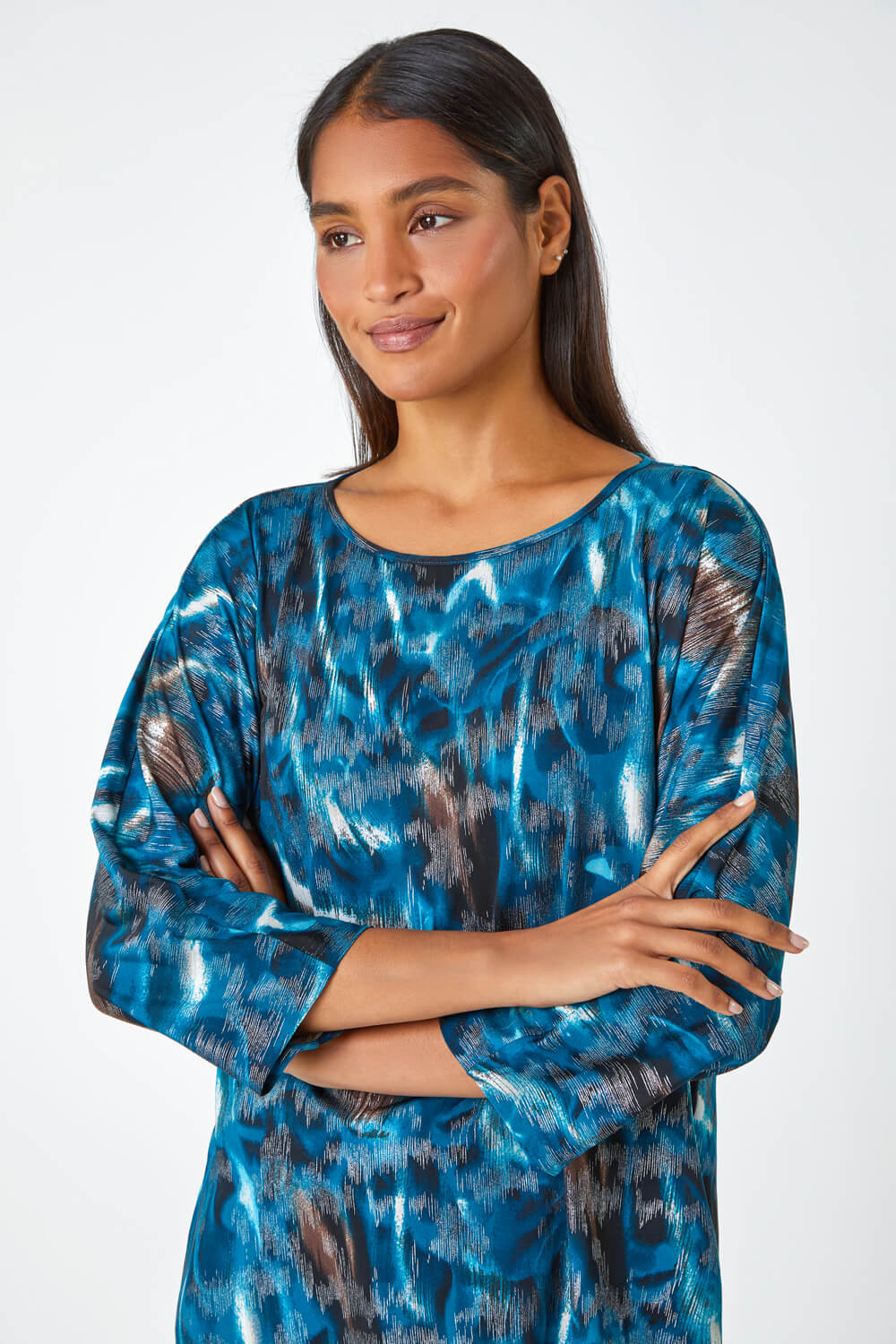 Blue Metallic Abstract Print Oversized T-Shirt, Image 4 of 5