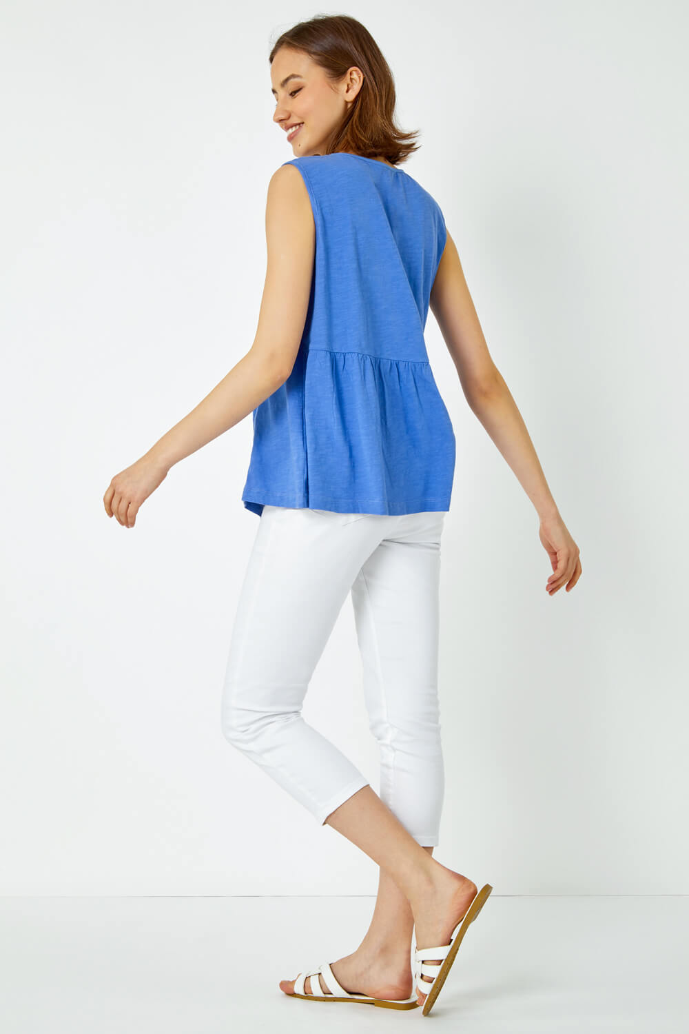 Blue Embroidered Peplum Cotton Vest, Image 3 of 5