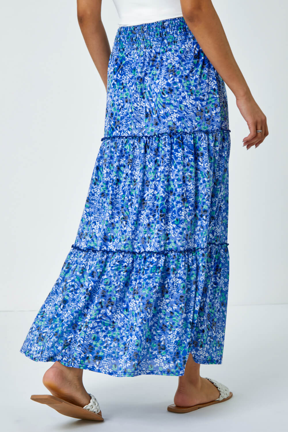 Blue Ditsy Floral Print Tiered Maxi Skirt, Image 3 of 5