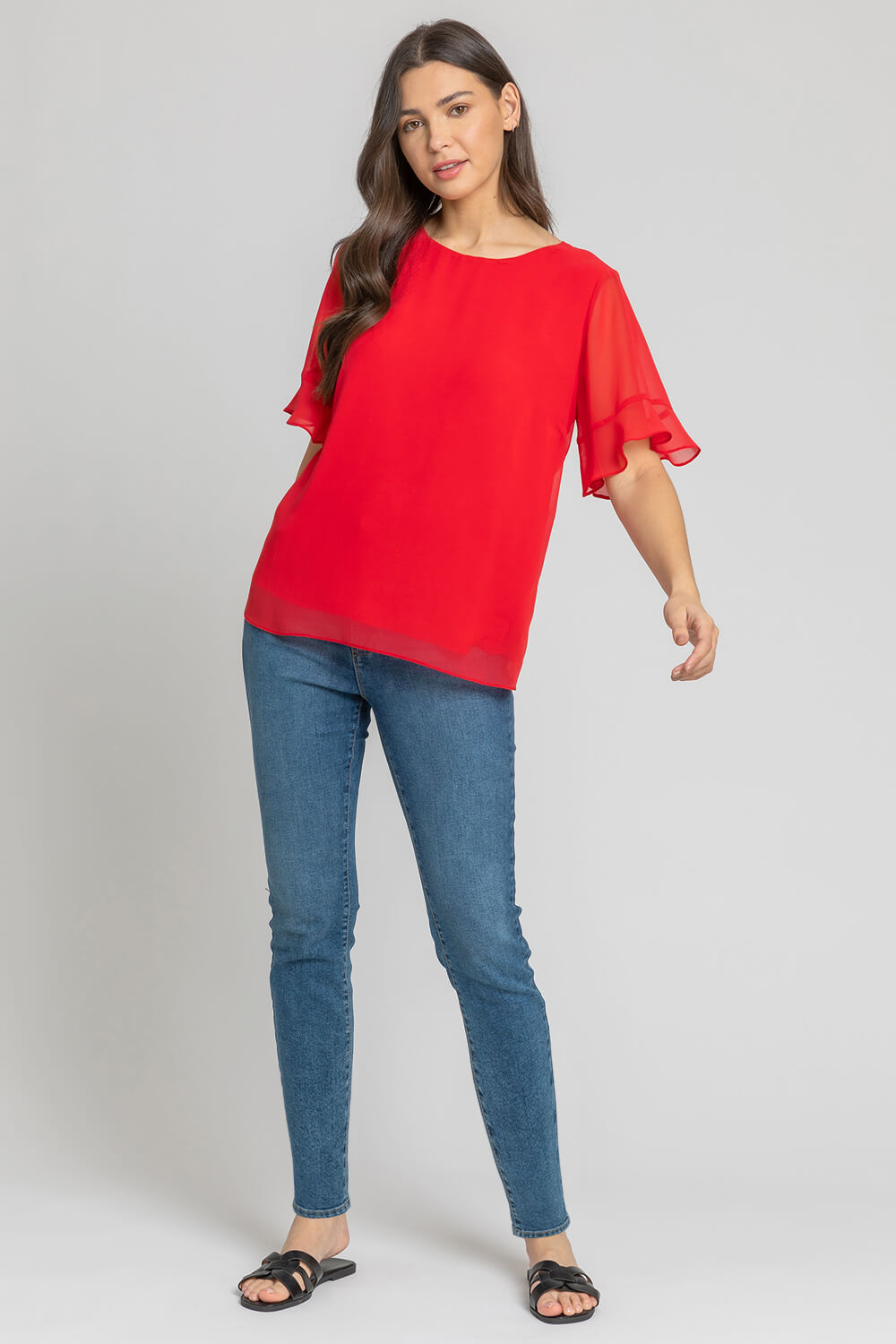Red Plain Frill Detail Chiffon Top, Image 3 of 4