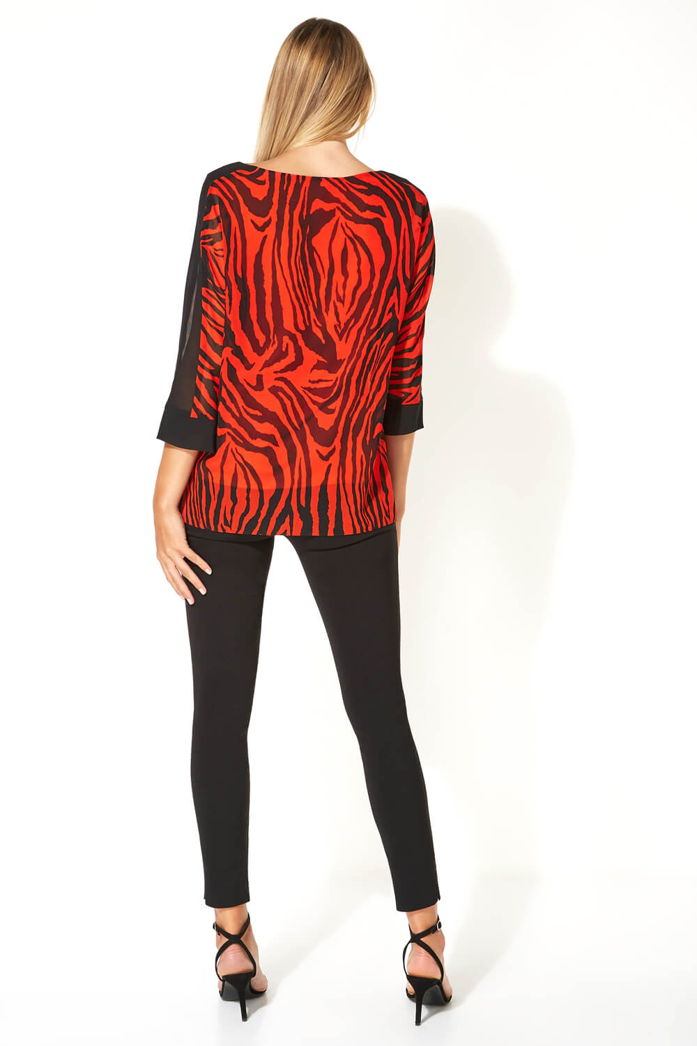 Red Animal Tiger Print 3/4 Sleeve Top, Image 3 of 5
