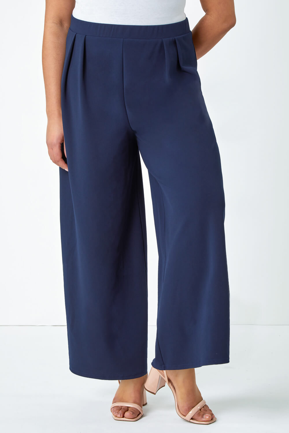 Navy  Curve Wide Leg Pleat Stretch Trousers, Image 4 of 5