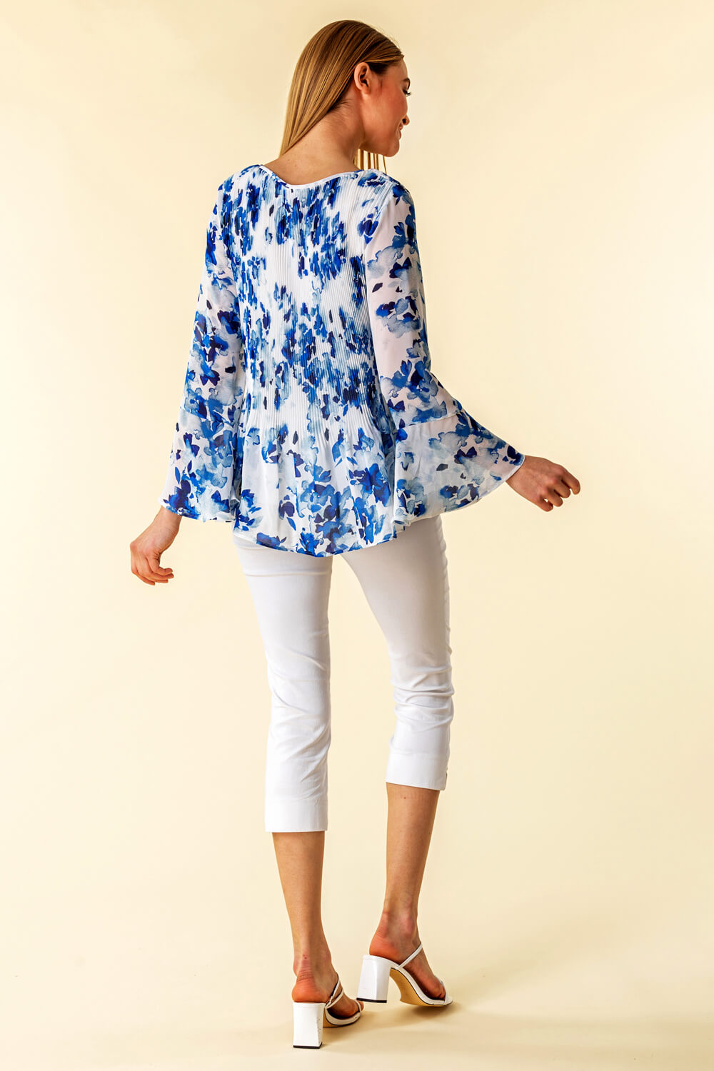 Royal Blue Floral Fluted Sleeve Pleated Top, Image 3 of 4
