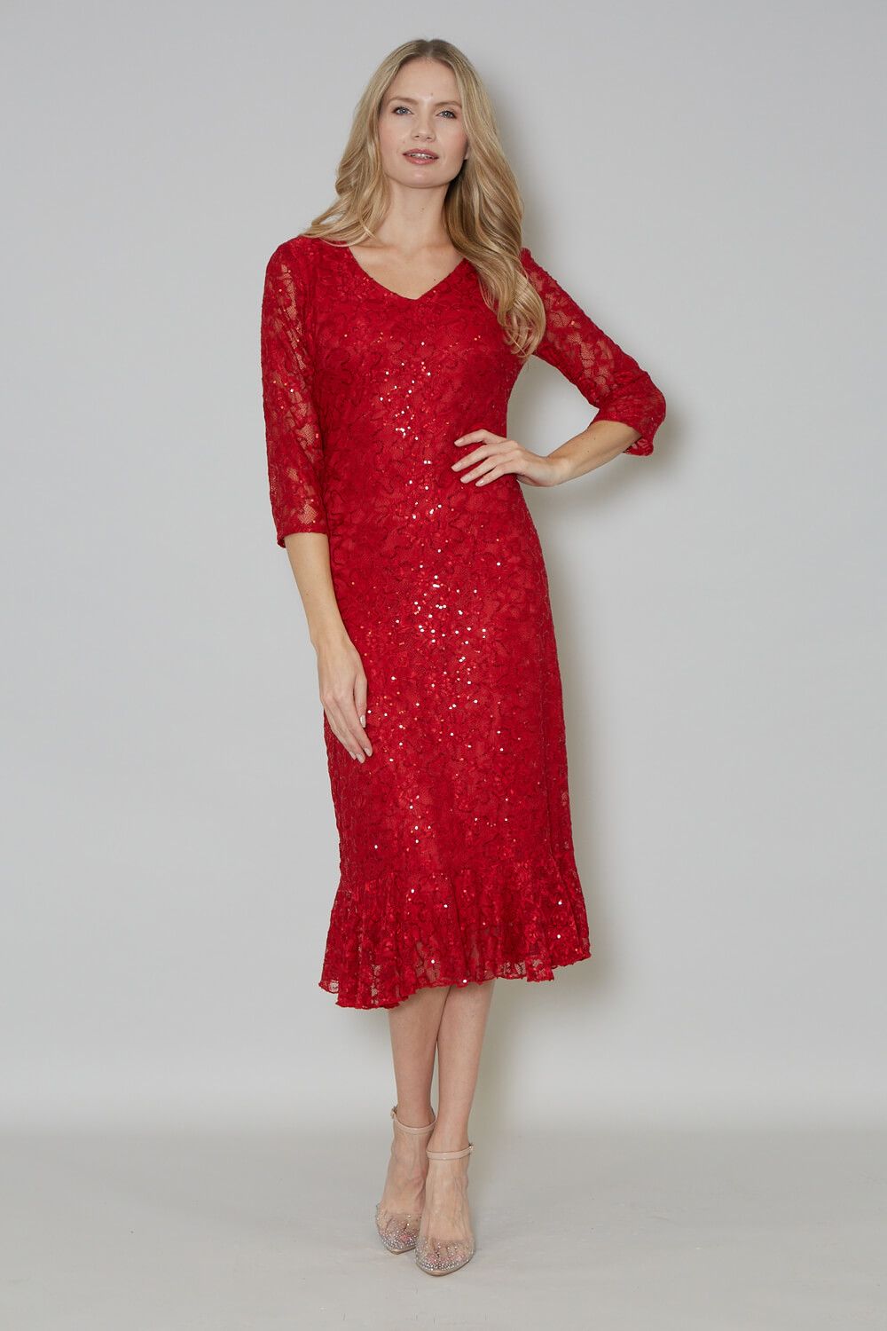 Red Julianna Sequin Frill Hem Midi Dress, Image 4 of 4