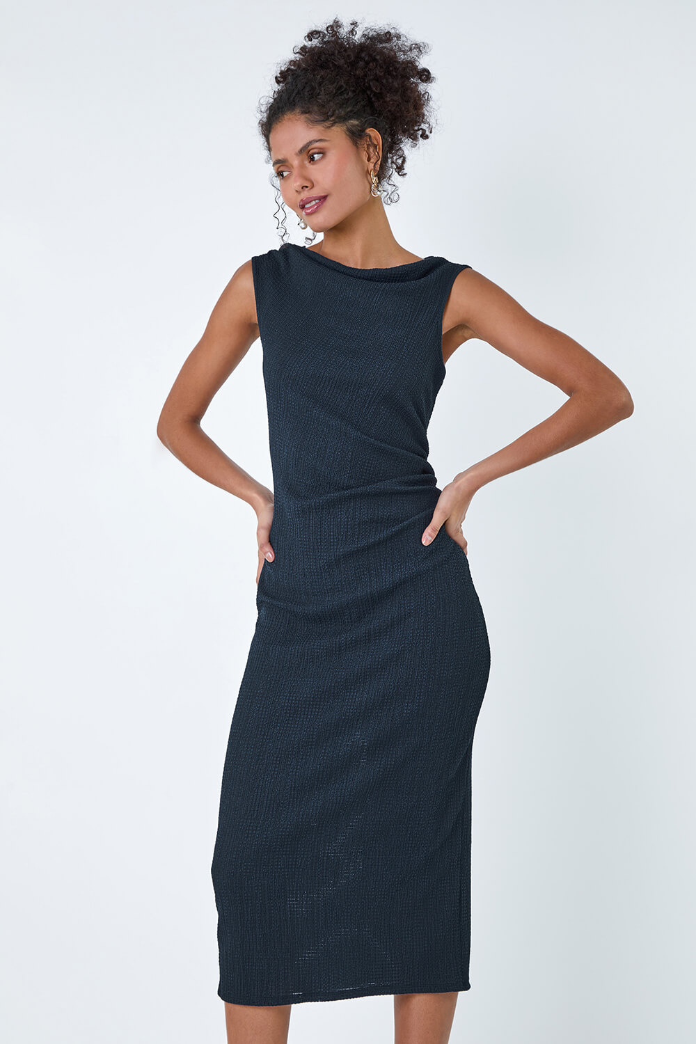 Navy  Ruched Cowl Neck Midi Dress, Image 4 of 5