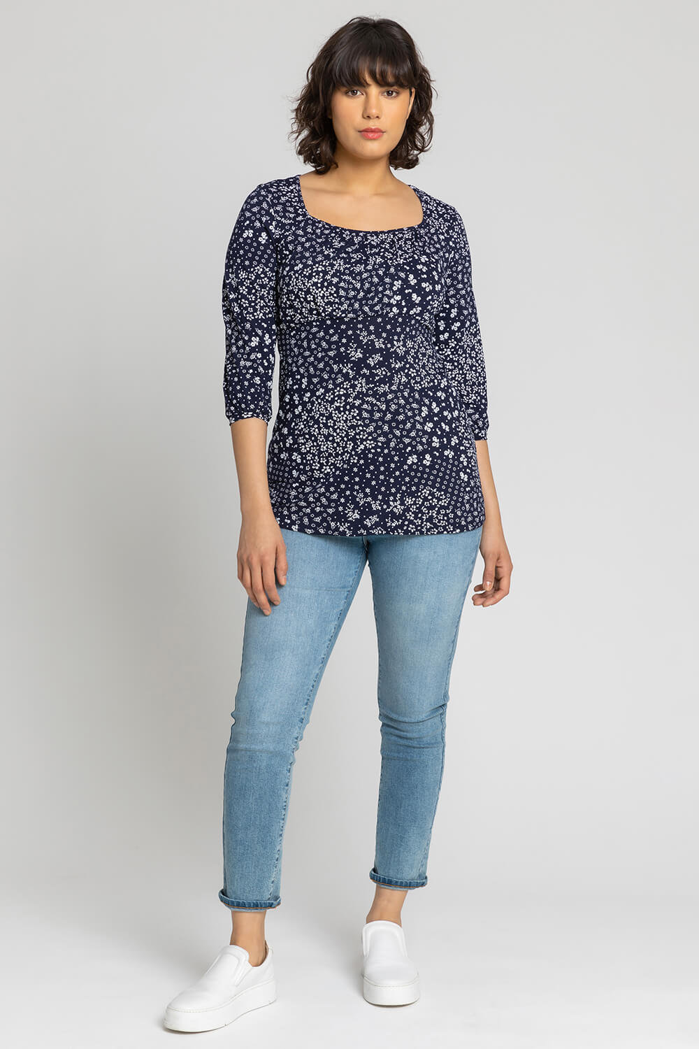 Navy  Ditsy Floral Print Gathered Top, Image 3 of 4