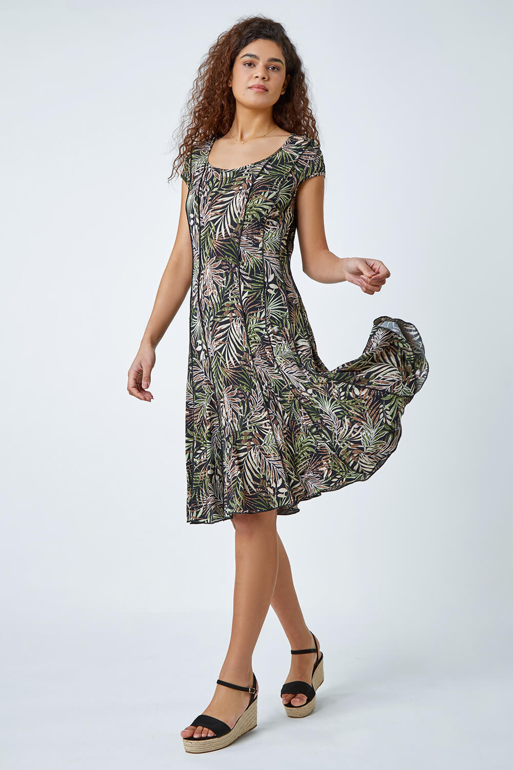 KHAKI Leaf Print Panel Stretch Dress, Image 2 of 5