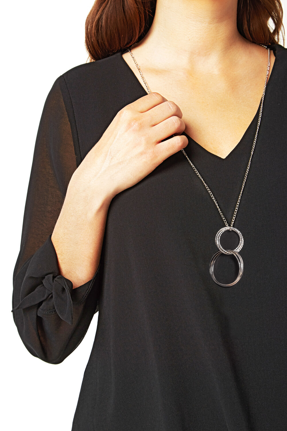 Black Necklace Trim Jersey 3/4 Sleeve Chiffon Top, Image 4 of 5