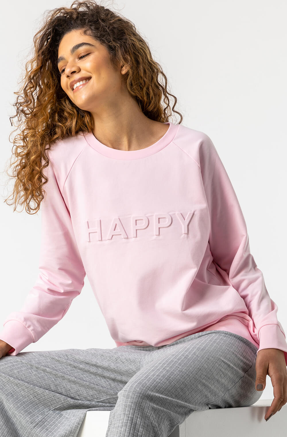 Happy Motif Lounge Sweatshirt in Pink - Roman Originals UK