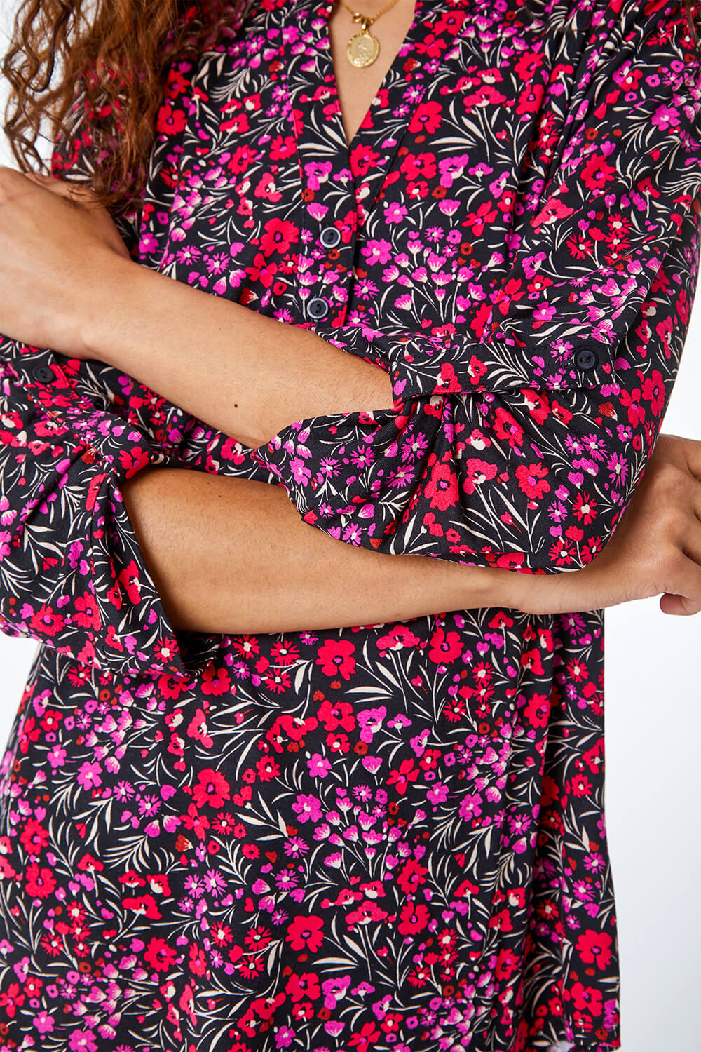 Ditsy Floral Print Jersey Shirt in Pink - Roman Originals UK