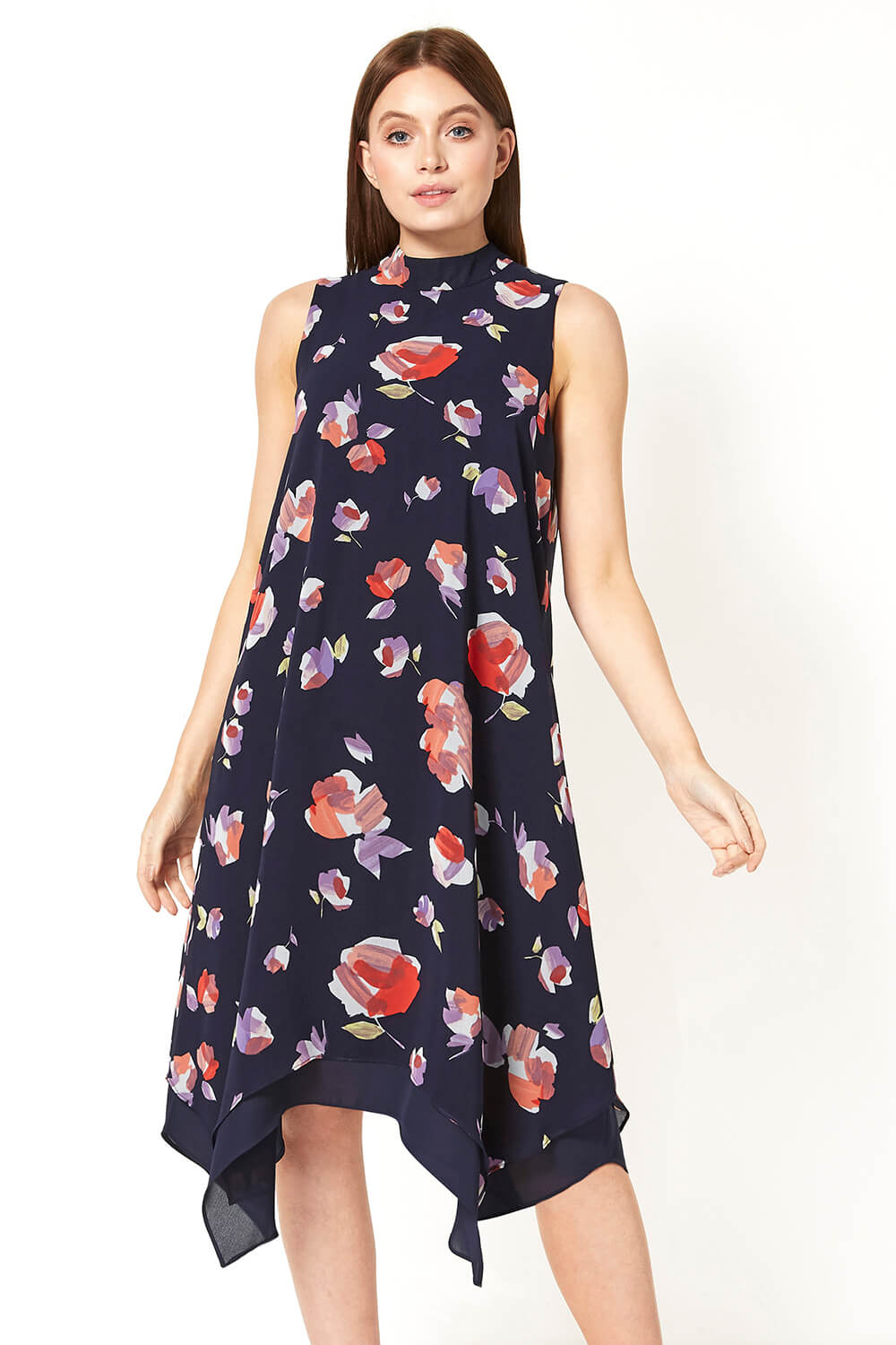 Navy  High Neck Floral Print Swing Dress, Image 2 of 5