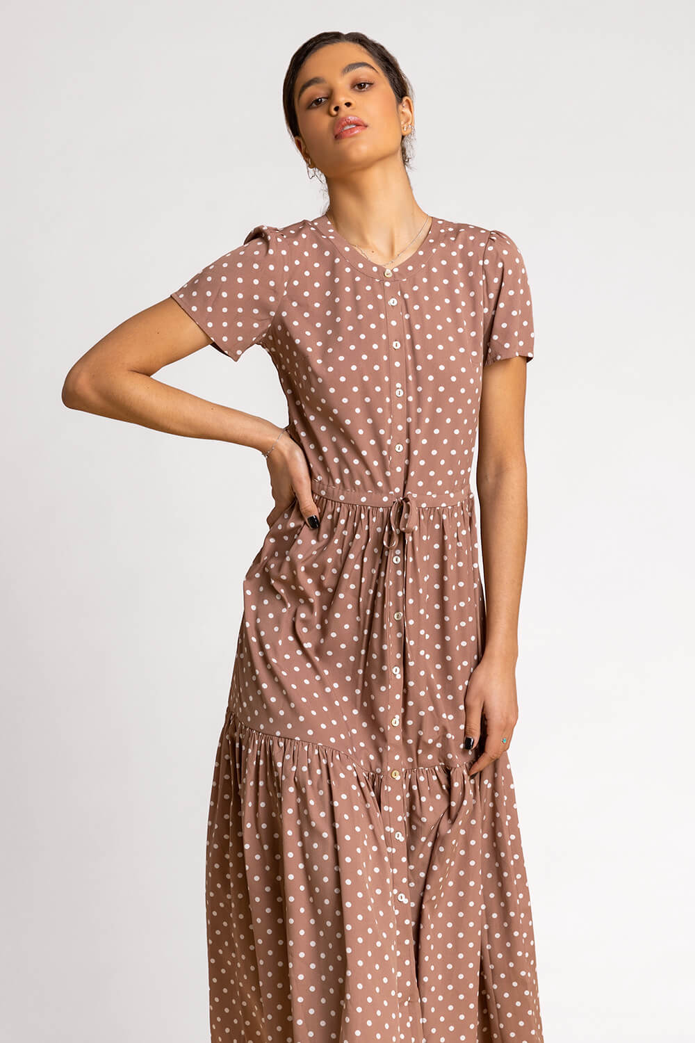 Taupe Spot Print Tiered Midi Shirt Dress, Image 3 of 5