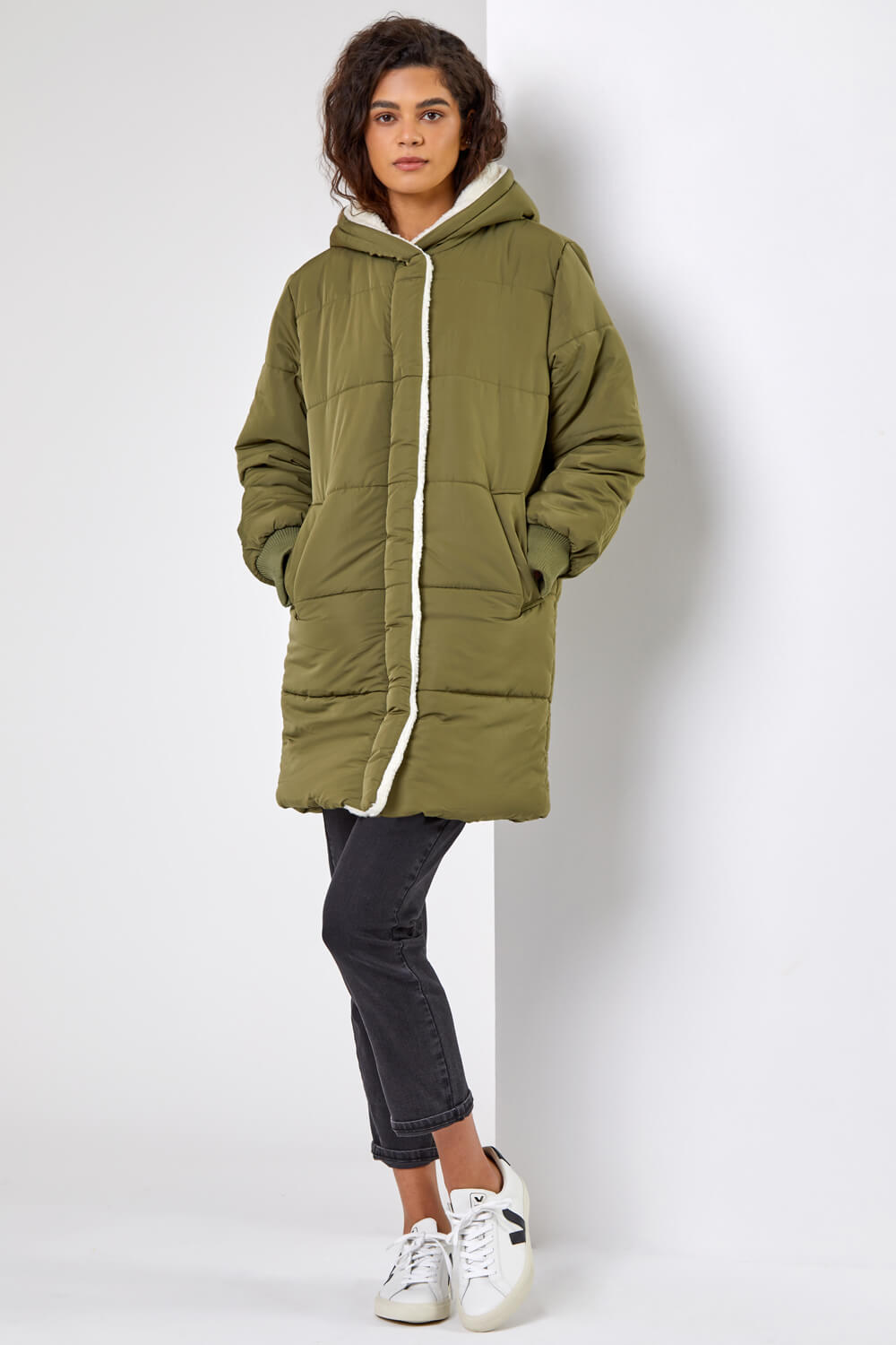 Olive Borg Lined Hooded Parka Coat, Image 3 of 5