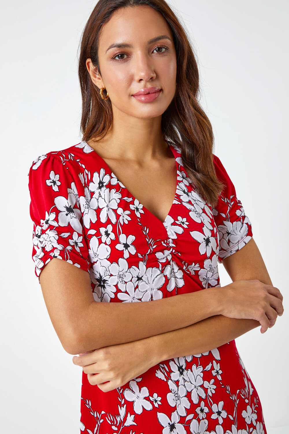 Red Frill Hem Floral Print Dress, Image 4 of 5