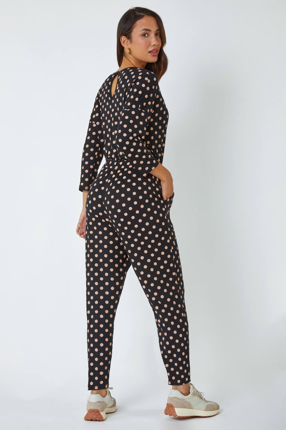 Black Polka Dot Print Stretch Jumpsuit, Image 3 of 5