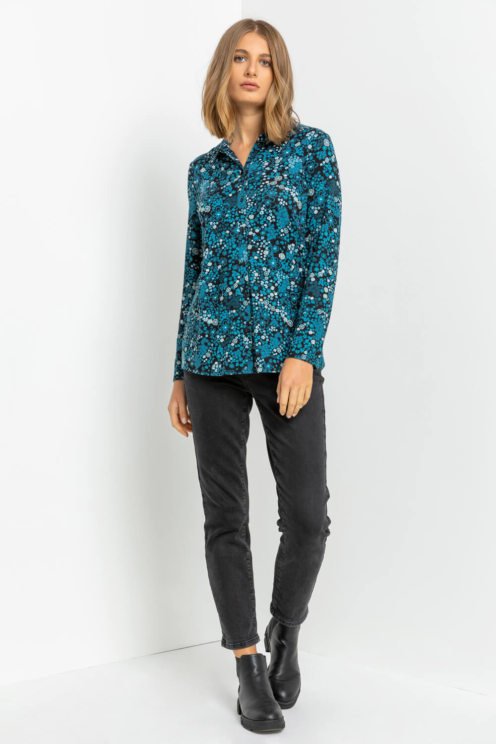 Teal Contrast Floral Print Long Sleeve Jersey Shirt, Image 3 of 4