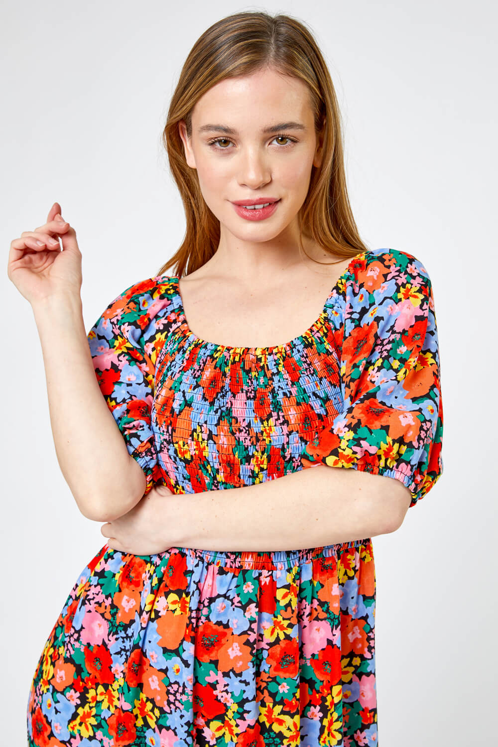 Petite Floral Shirred Maxi Dress in Orange | Roman UK