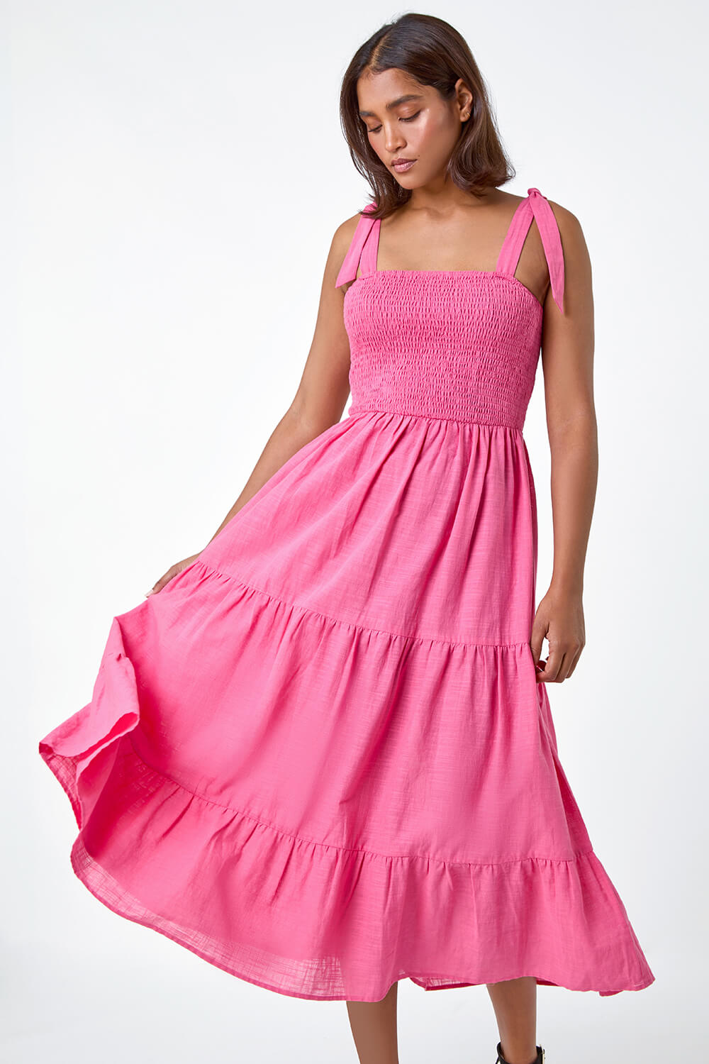 PINK Shirred Tie Cotton Tiered Midi Dress, Image 2 of 5