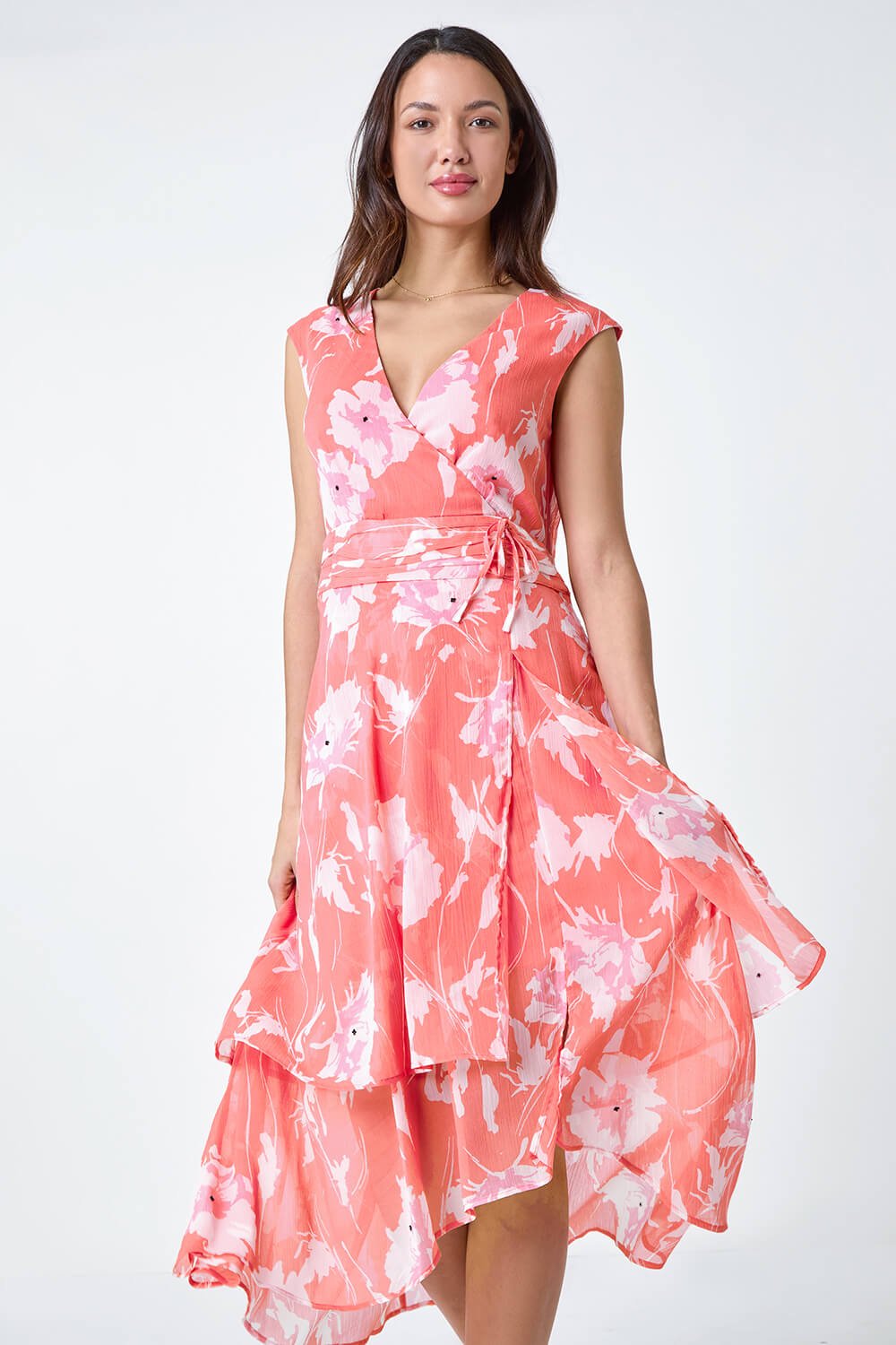 CORAL Embellished Floral Print Tiered Midi Dress, Image 1 of 5