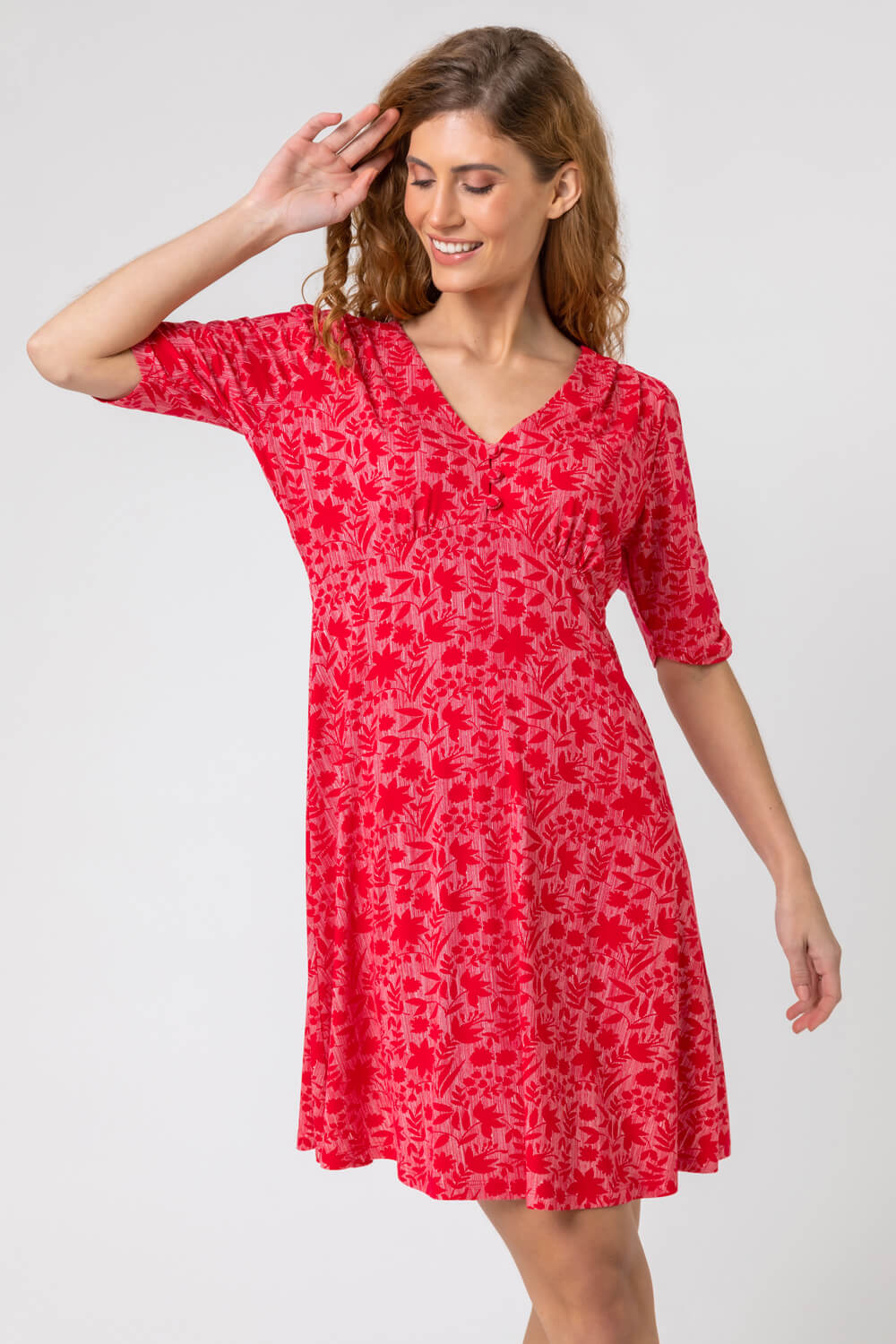 Red Floral Print Buttoned Tea Dress, Image 4 of 5