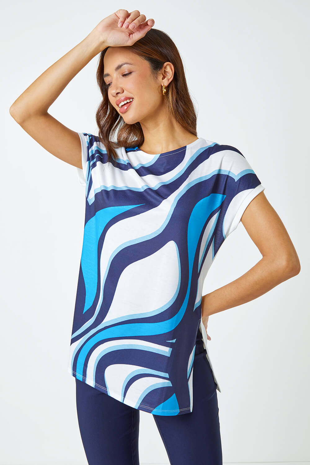 Blue Swirl Print Tunic Stretch Top, Image 4 of 5