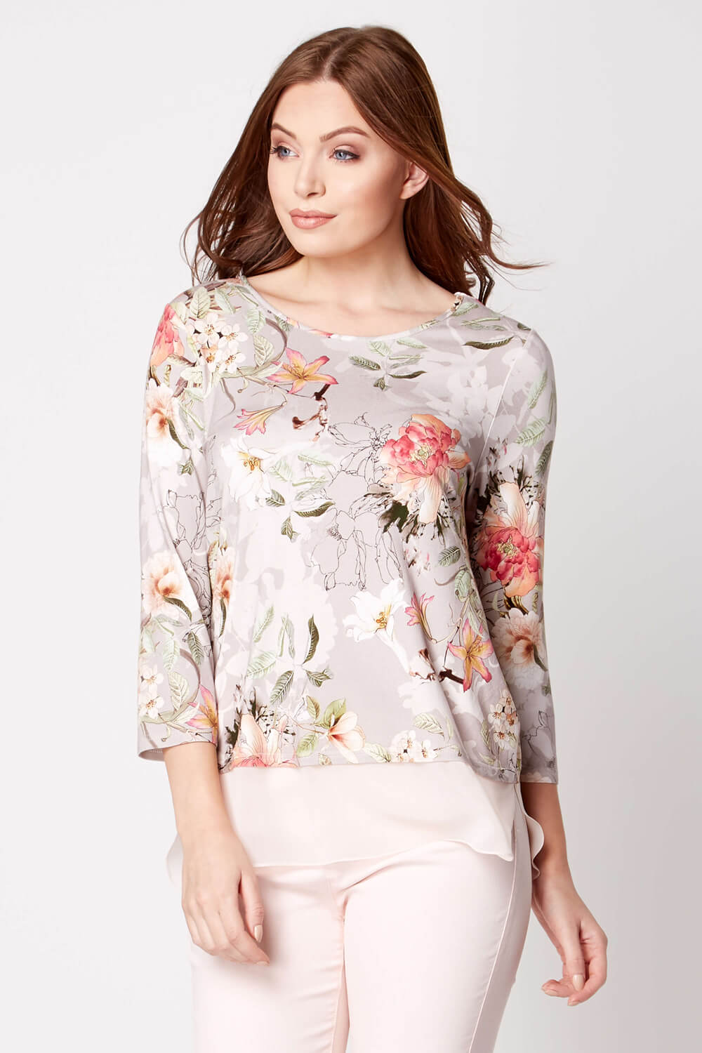 Botanical 3/4 Sleeve Chiffon Hem Top in Grey - Roman Originals UK