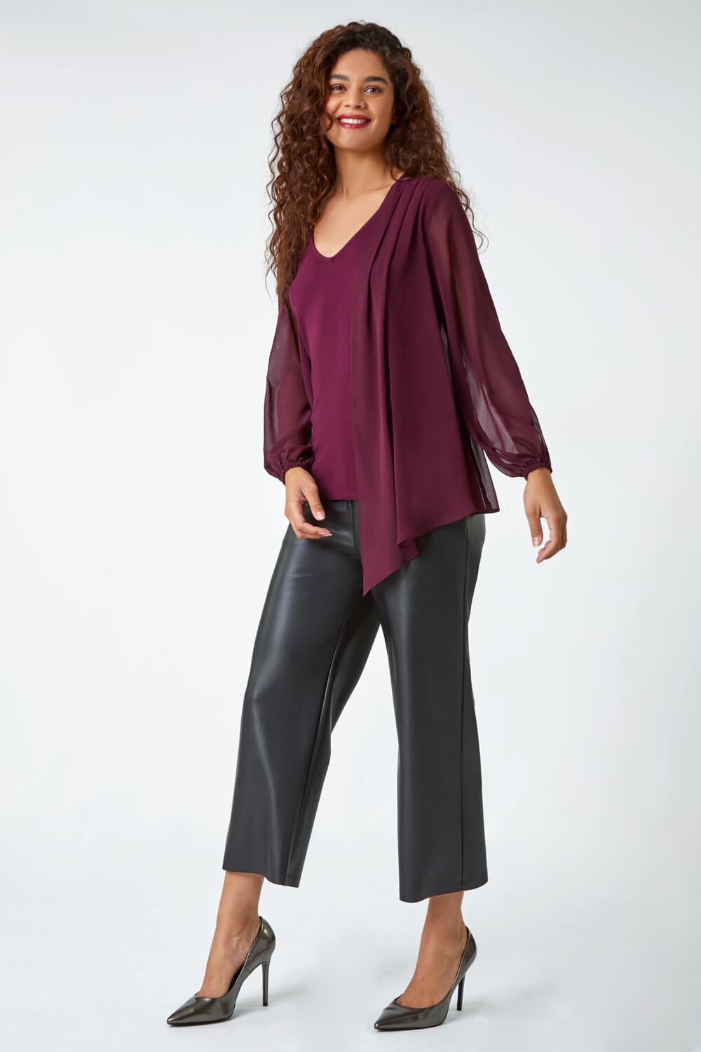 Wine Contrast Chiffon Overlay Stretch Top, Image 2 of 5