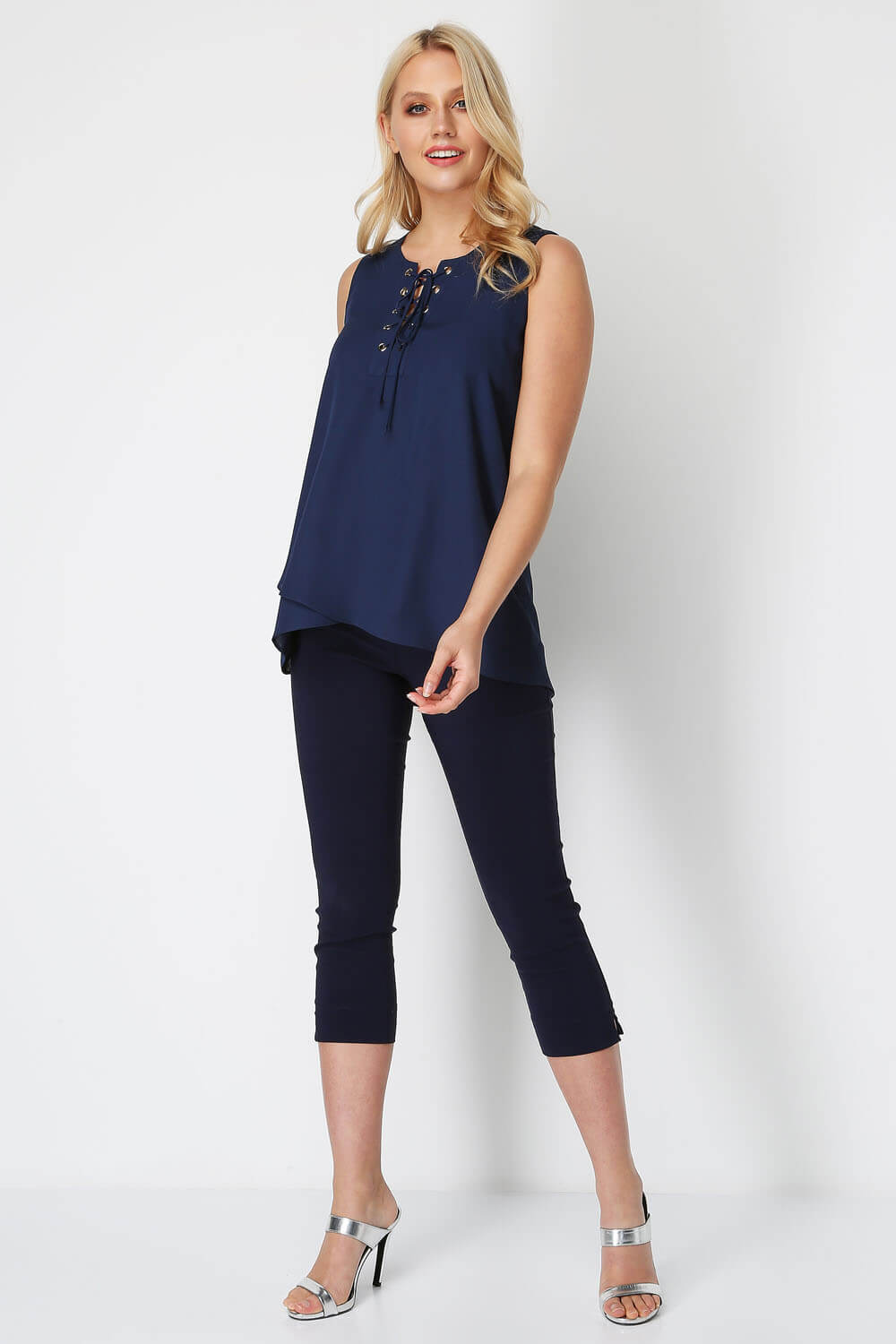 Navy  Eyelet Detail Lace Up Vest Top, Image 2 of 5
