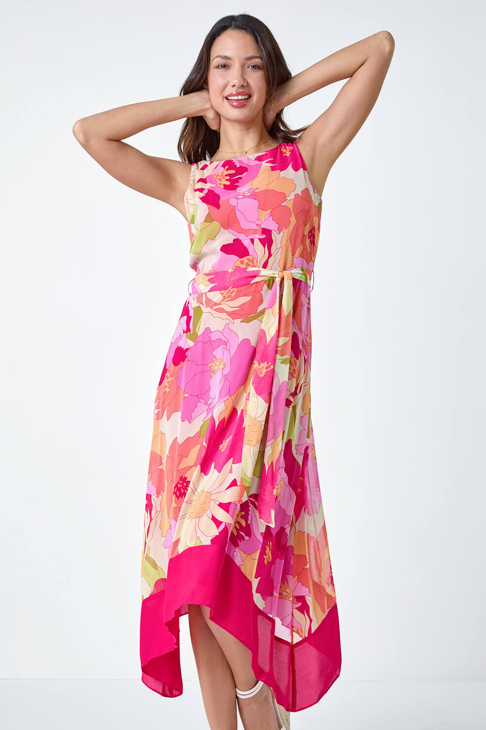 CERISE Sleeveless Floral Print Hanky Hem Dress, Image 2 of 5