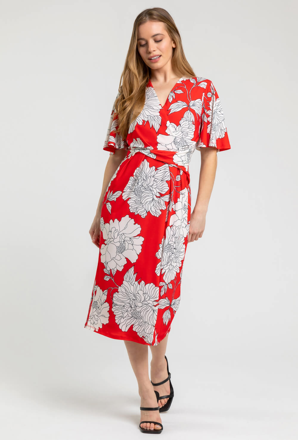 Red Petite Floral Ruched Wrap Dress, Image 3 of 4