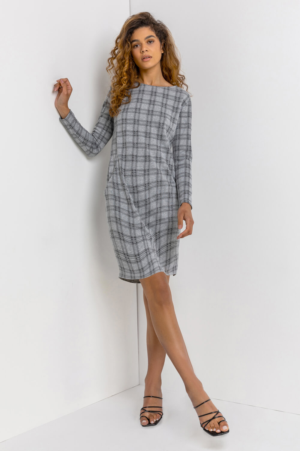 Grey Check Print Pocket Shift Dress, Image 3 of 5