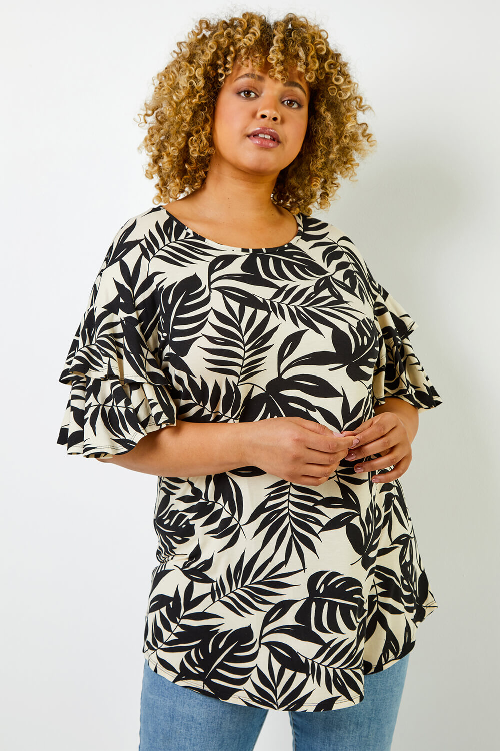 Black Curve Tropical Leaf Print Frill Sleeve Top, Image 2 of 5