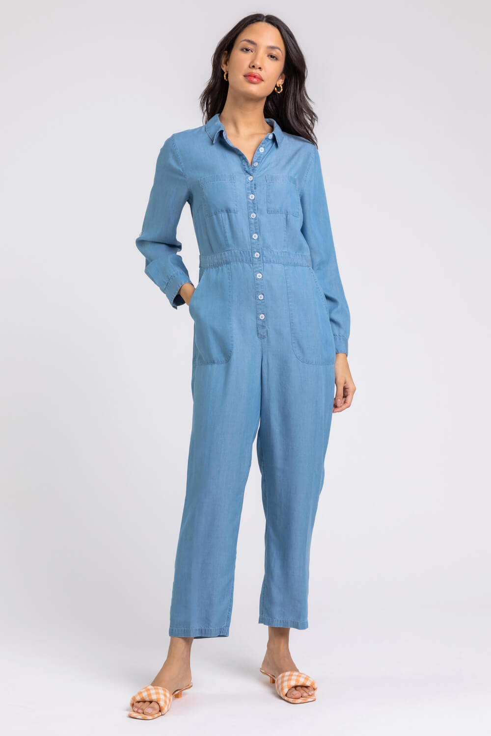 Denim Buttoned Collar Utility Jumpsuit, Image 3 of 5