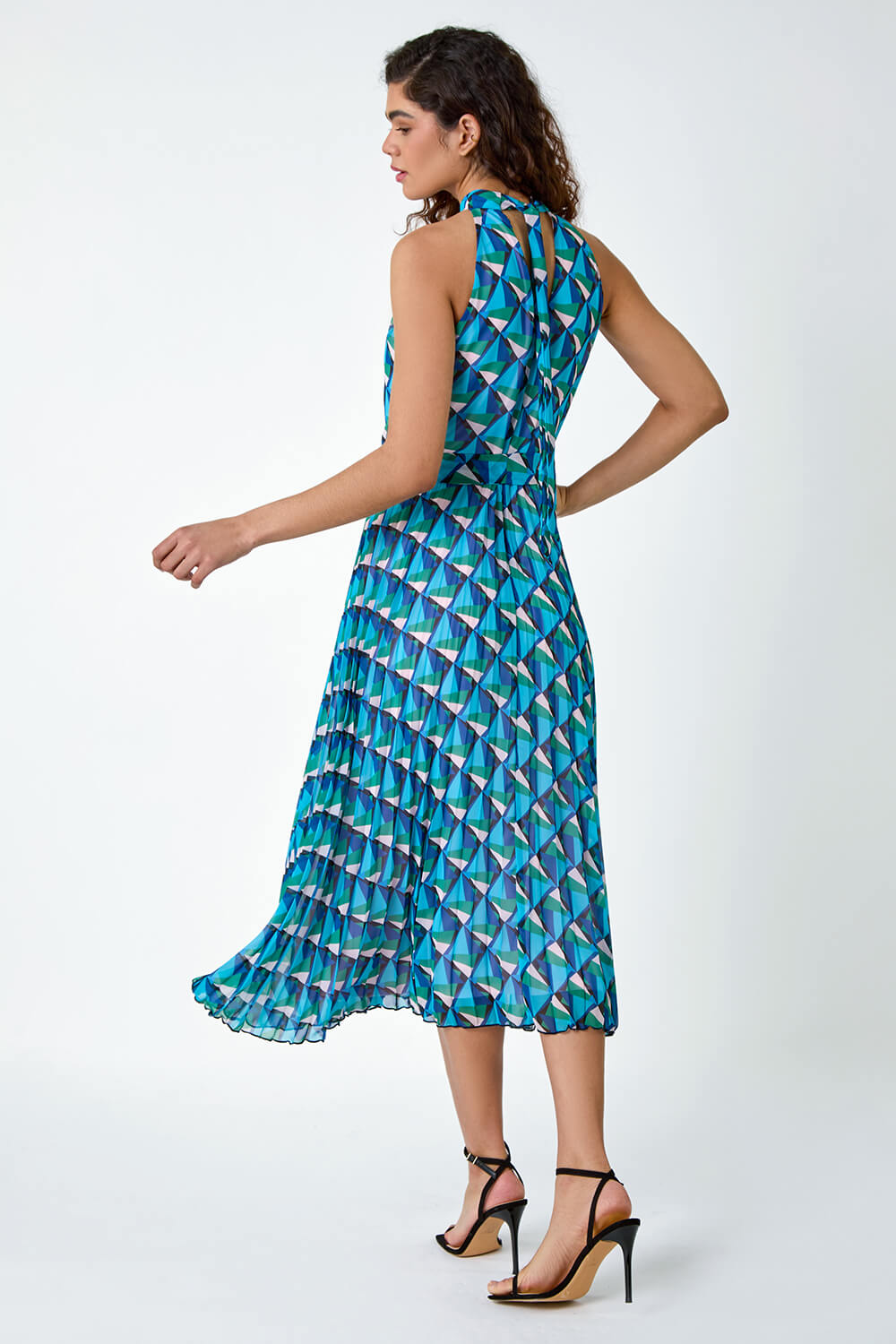 Turquoise Geometric Halterneck Midi Dress, Image 3 of 5