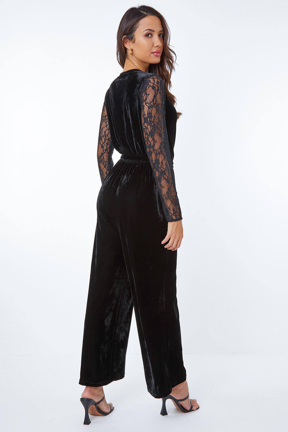 Black Lace Sleeve Velvet Wrap Jumpsuit, Image 3 of 5