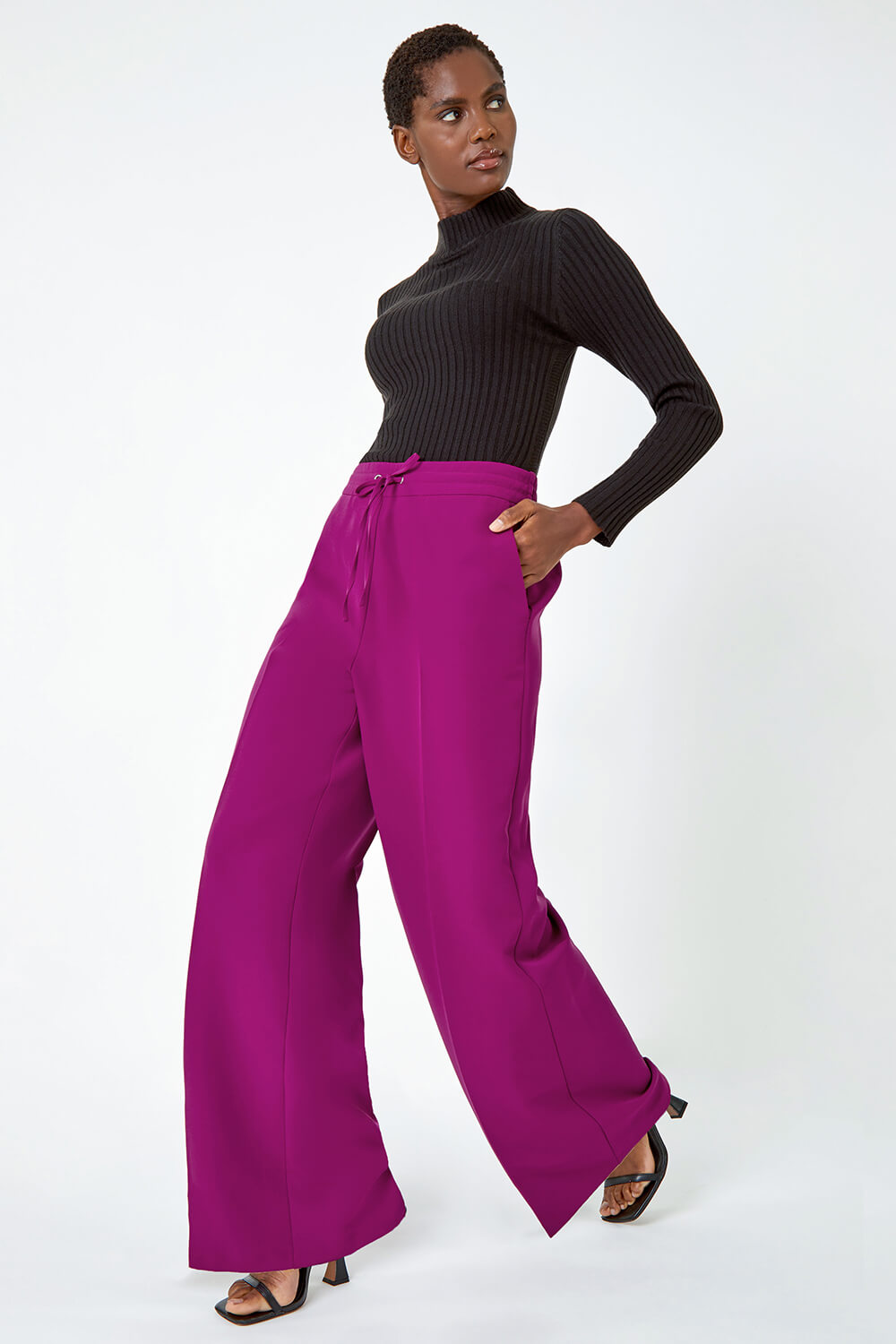 MAGENTA Wide Leg Tie Front Stretch Trouser, Image 3 of 7