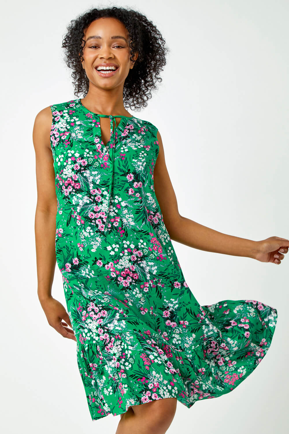 Green Petite Floral Print Frill Hem Dress, Image 4 of 5