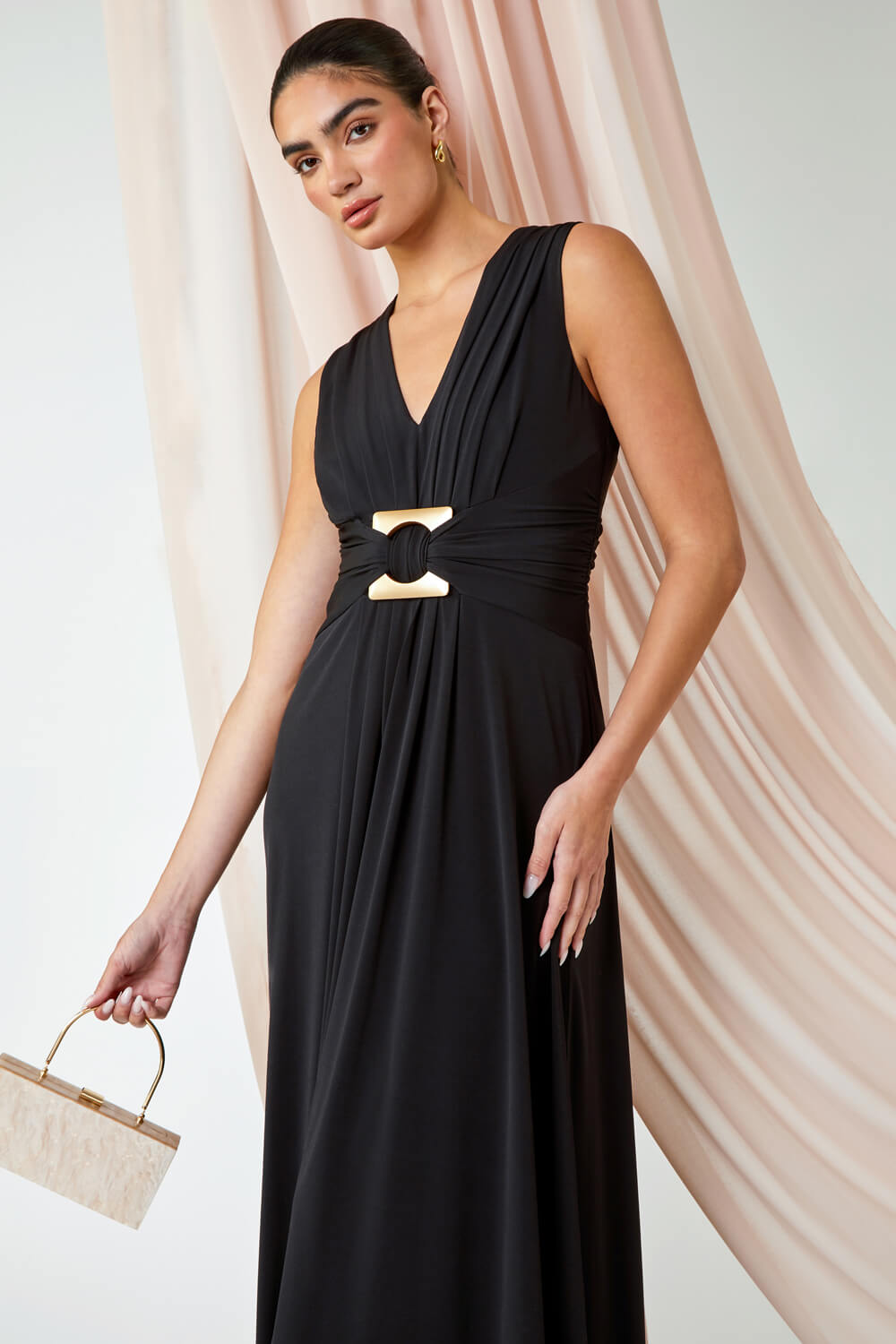 Black Buckle Detail Maxi Stretch Dress, Image 4 of 5