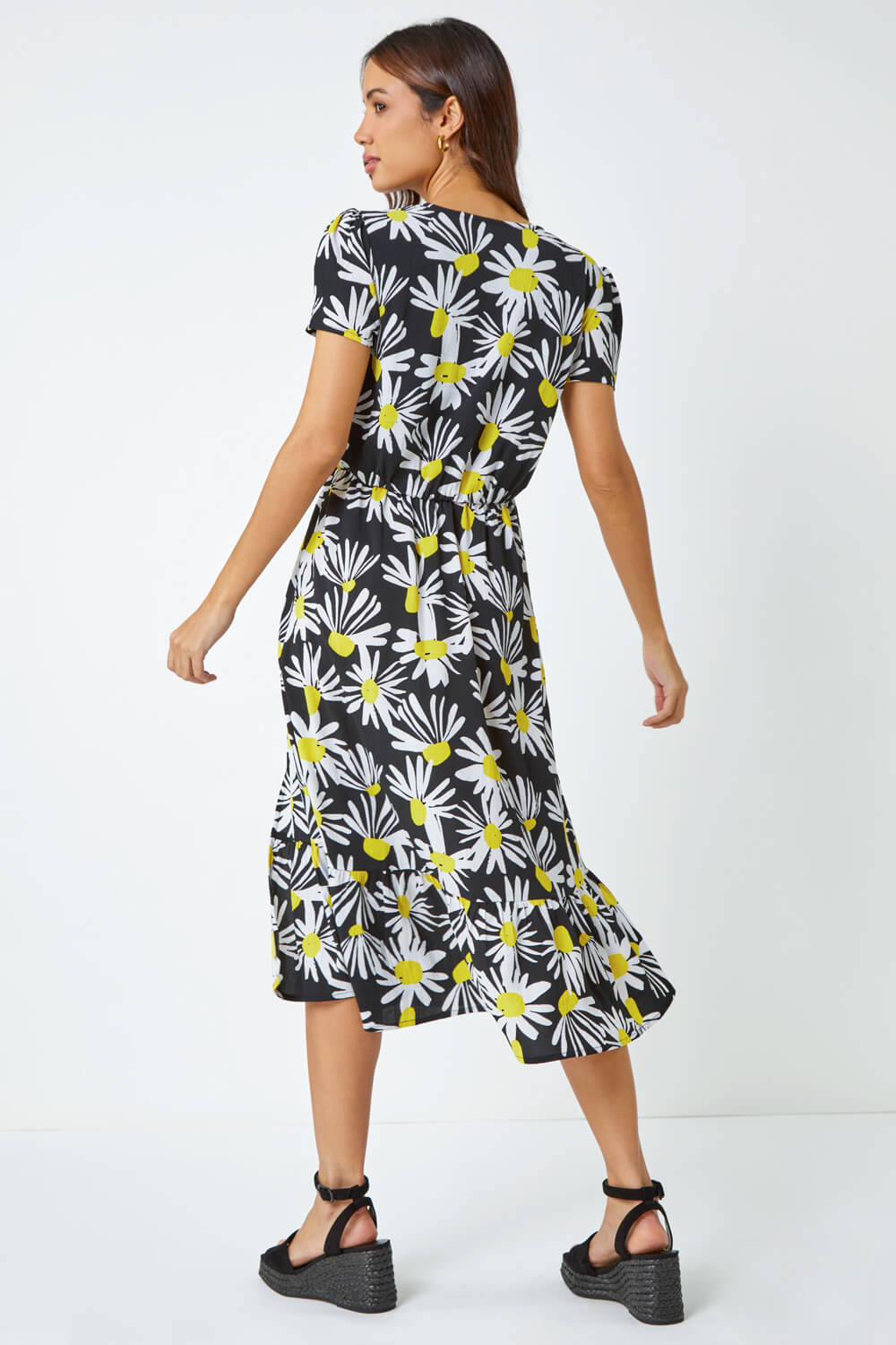 Yellow Daisy Print Blouson Midi Dress, Image 3 of 5