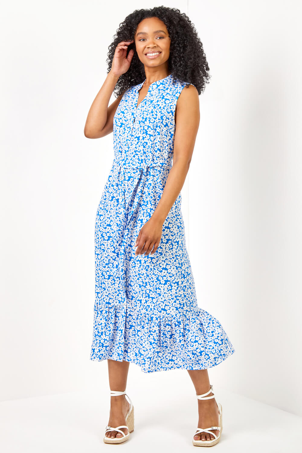 Petite Ditsy Floral Print Frill Tiered Dress in Blue - Roman Originals UK