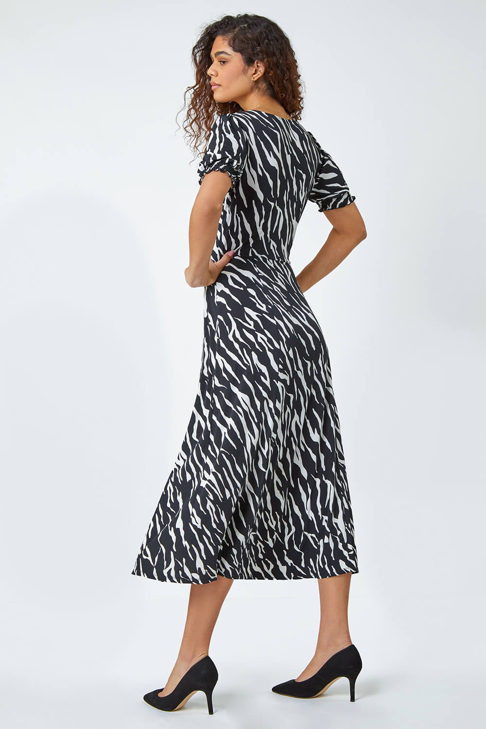 Black Zebra Print Stretch Ruched Midi Dress, Image 3 of 5