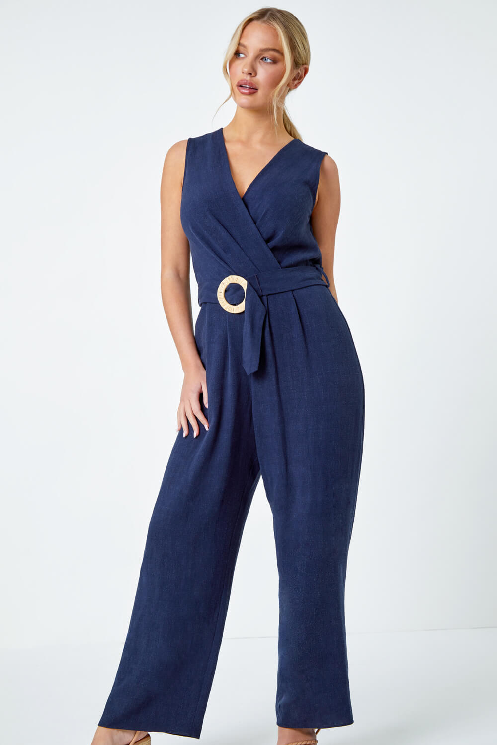 Navy  Petite Wide Leg Straw Buckle Jumpsuit, Image 4 of 5