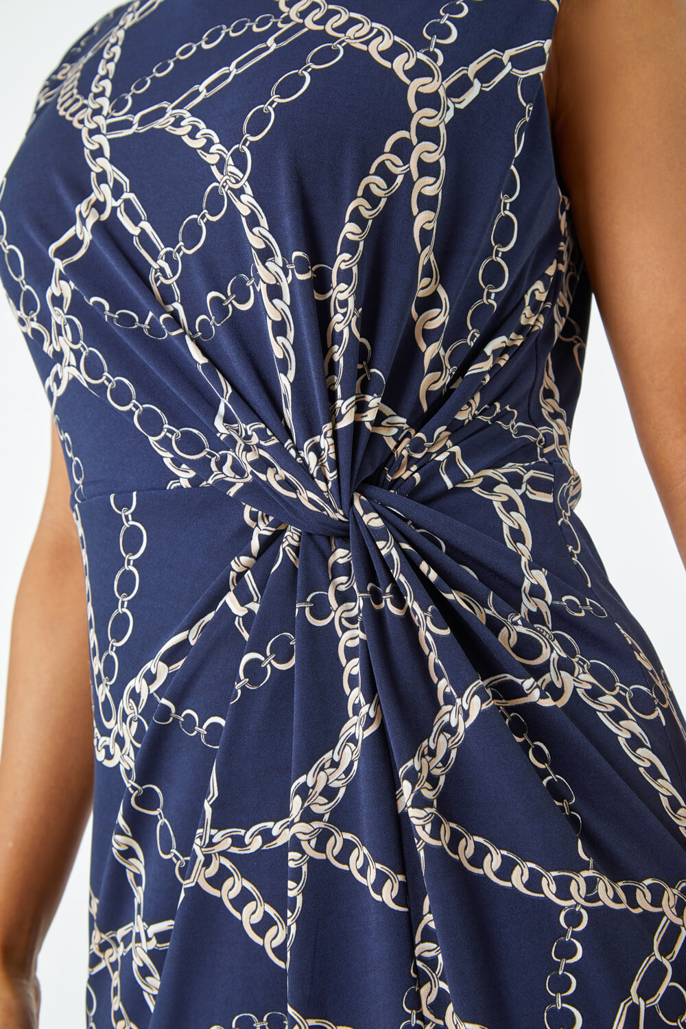 Navy  Petite Chain Print Knot Detail Ruched Dress, Image 5 of 5